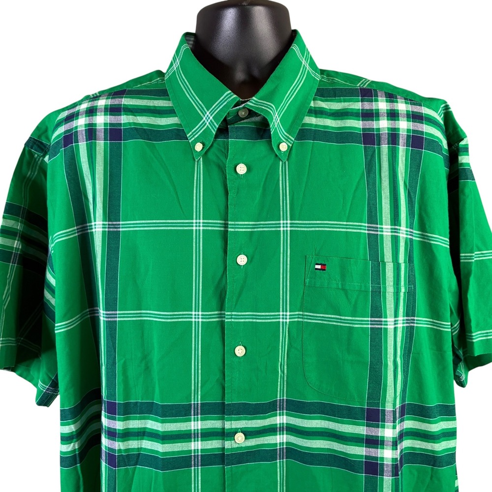 Vintage Tommy Hilfiger Mens XL Green Plaid Short Sleeve Button Down Shirt Cotton